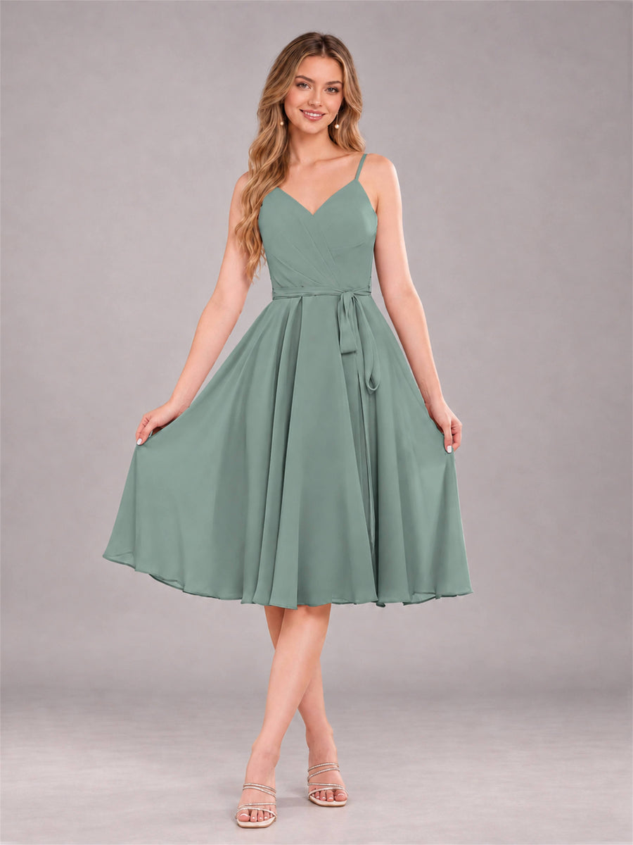 Eucalyptus Simple Spaghetti Straps Knee Length Chiffon Short Bridesmaid Dress