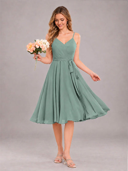 Eucalyptus Simple Spaghetti Straps Knee Length Chiffon Short Bridesmaid Dress