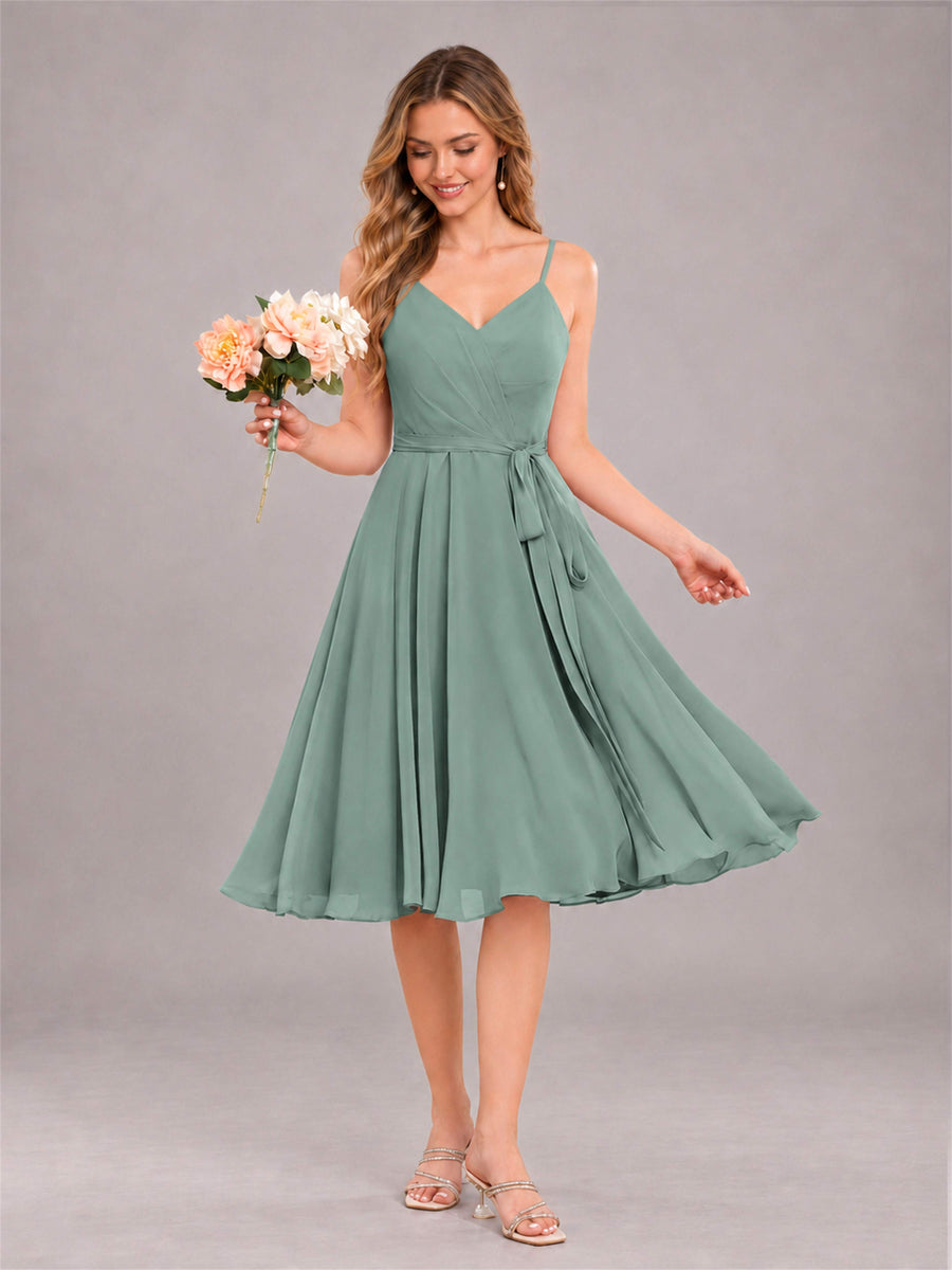 Eucalyptus Simple Spaghetti Straps Knee Length Chiffon Short Bridesmaid Dress