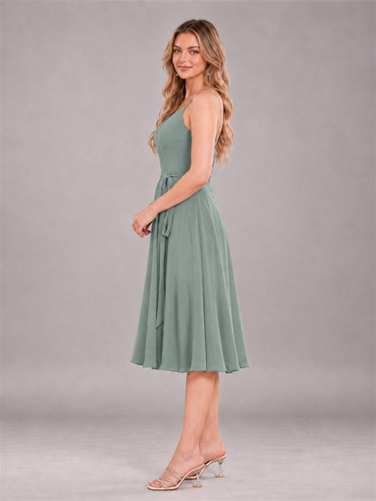 Eucalyptus Simple Spaghetti Straps Knee Length Chiffon Short Bridesmaid Dress