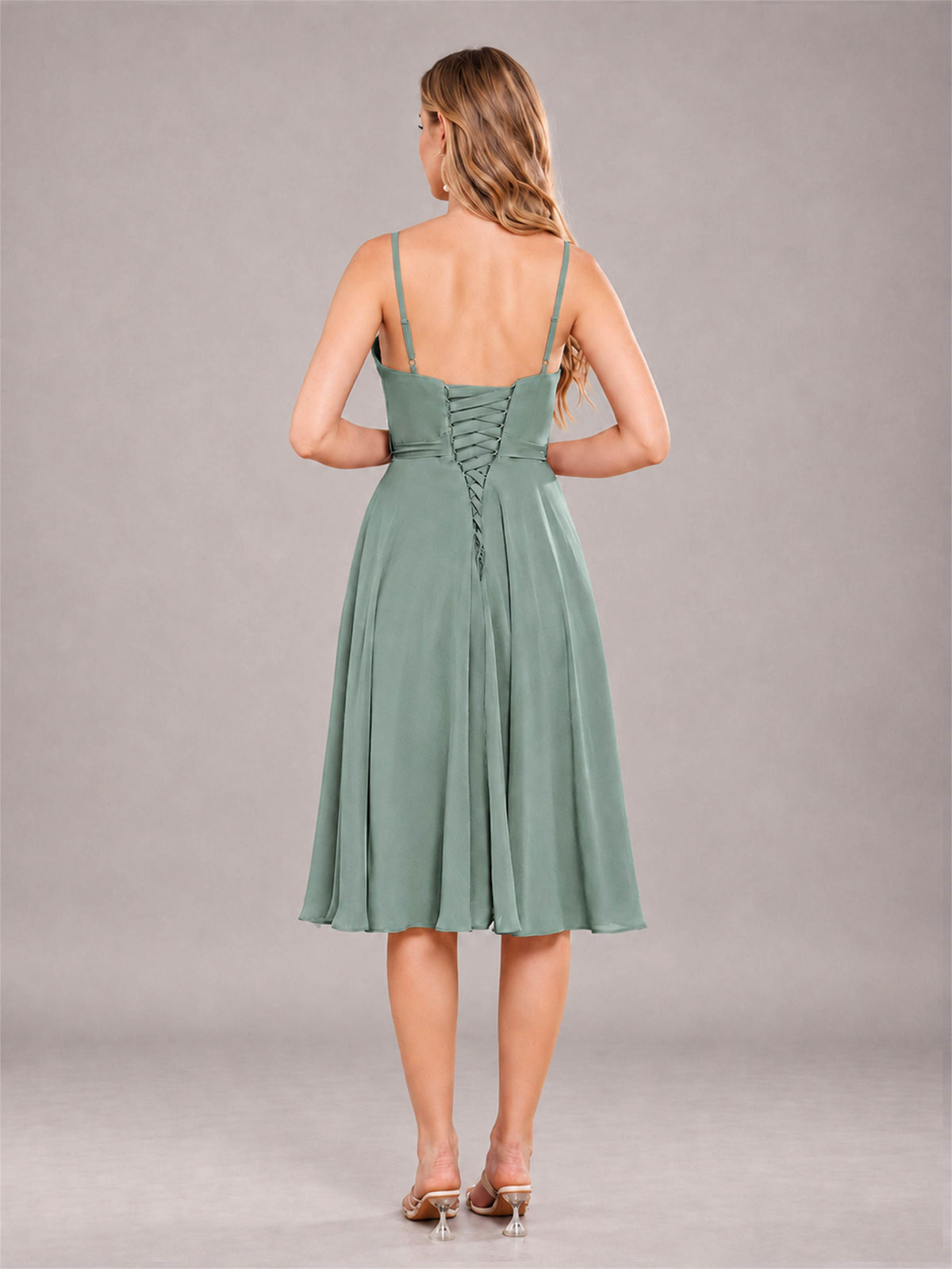 Eucalyptus Simple Spaghetti Straps Knee Length Chiffon Short Bridesmaid Dress