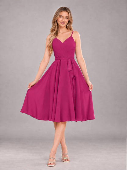 Fuchsia Simple Spaghetti Straps Knee Length Chiffon Short Bridesmaid Dress