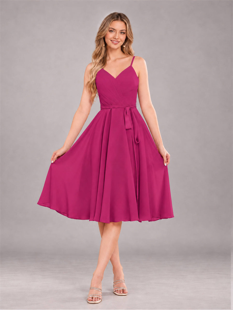 Fuchsia Simple Spaghetti Straps Knee Length Chiffon Short Bridesmaid Dress