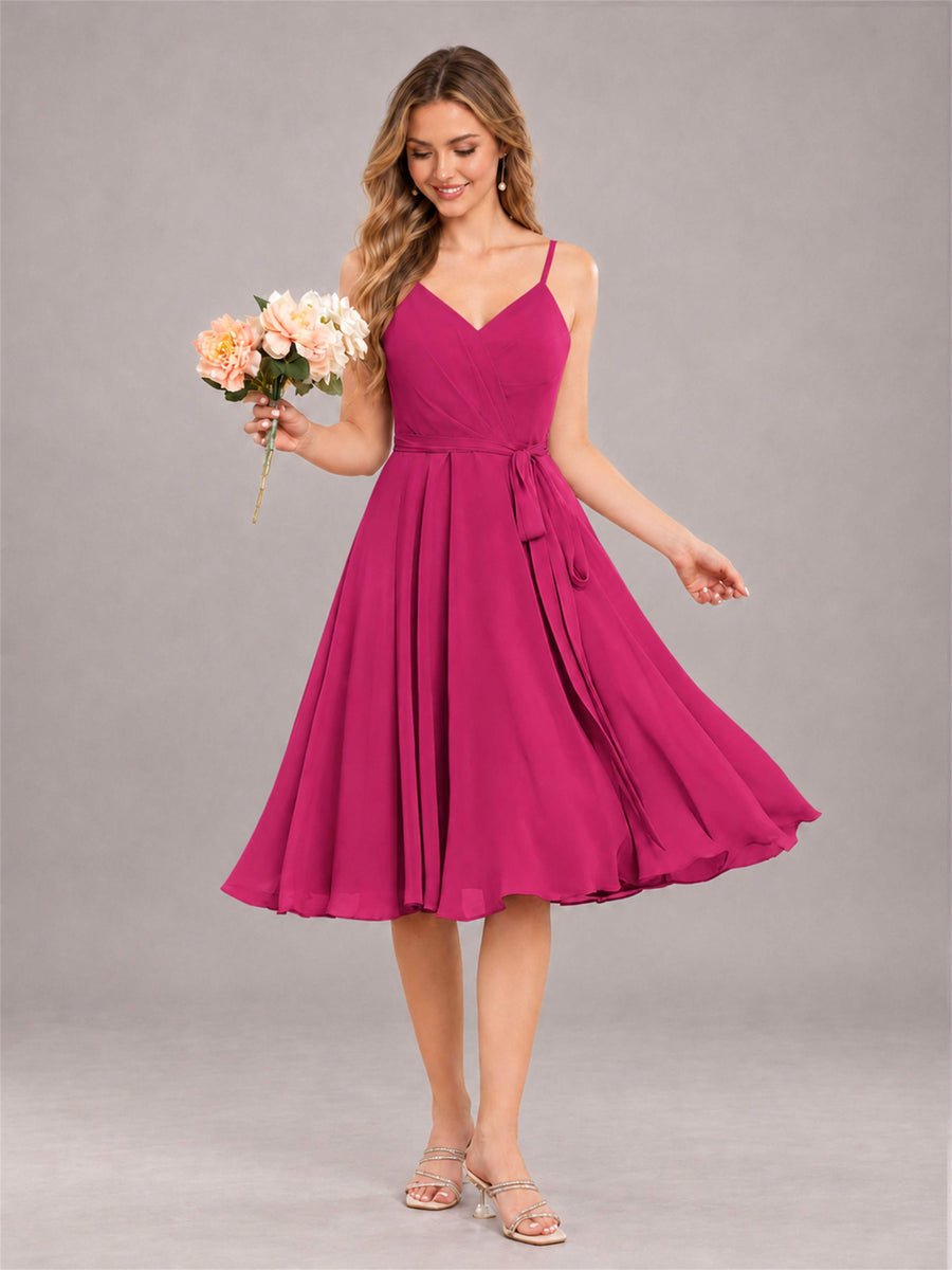 Fuchsia Simple Spaghetti Straps Knee Length Chiffon Short Bridesmaid Dress