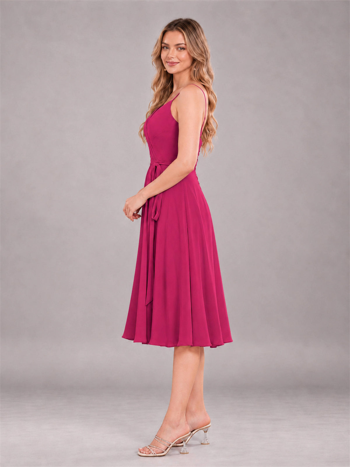 Fuchsia Simple Spaghetti Straps Knee Length Chiffon Short Bridesmaid Dress
