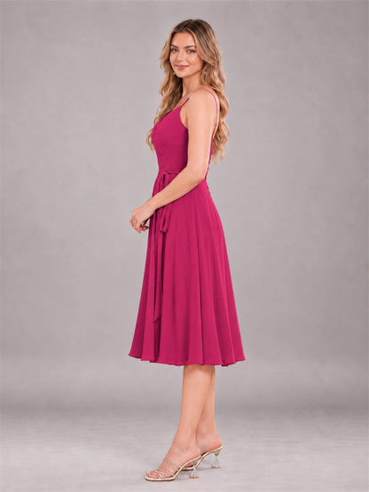 Fuchsia Simple Spaghetti Straps Knee Length Chiffon Short Bridesmaid Dress