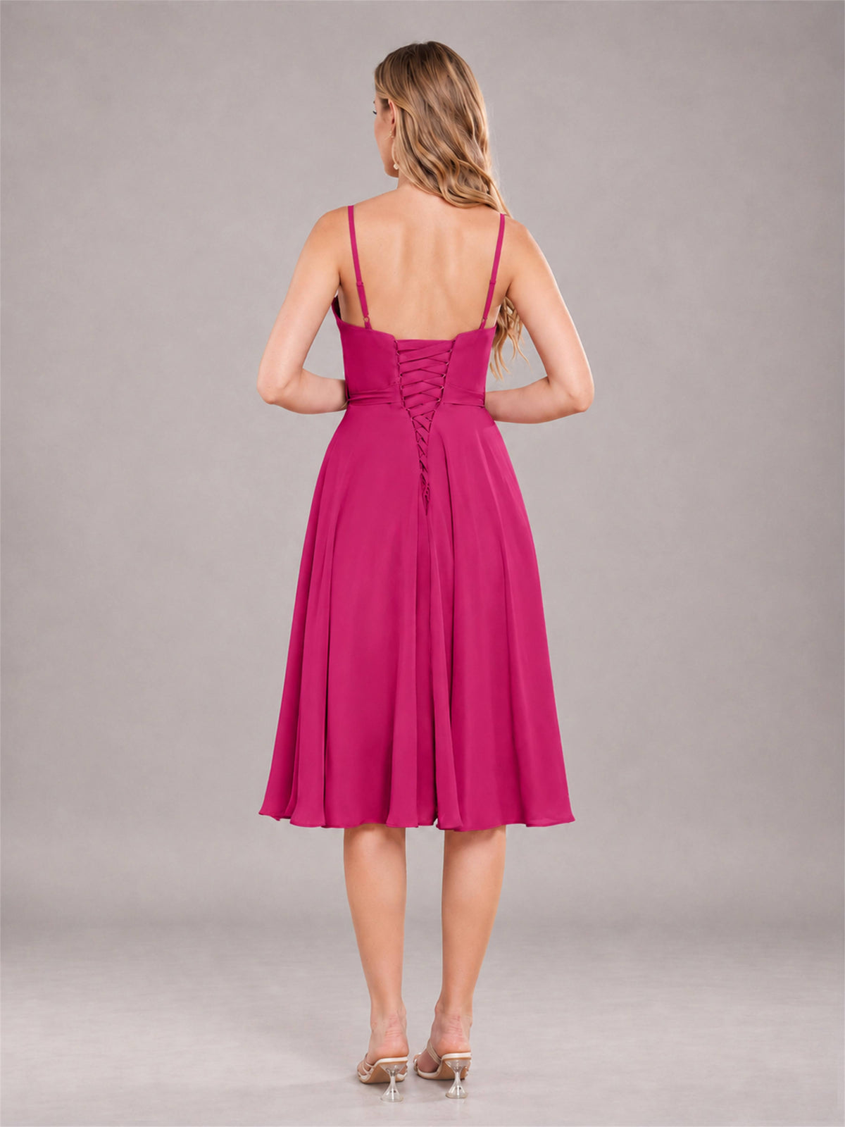 Fuchsia Simple Spaghetti Straps Knee Length Chiffon Short Bridesmaid Dress