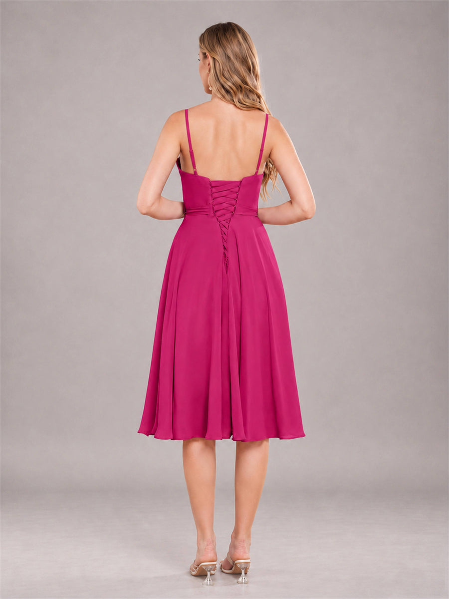 Fuchsia Simple Spaghetti Straps Knee Length Chiffon Short Bridesmaid Dress