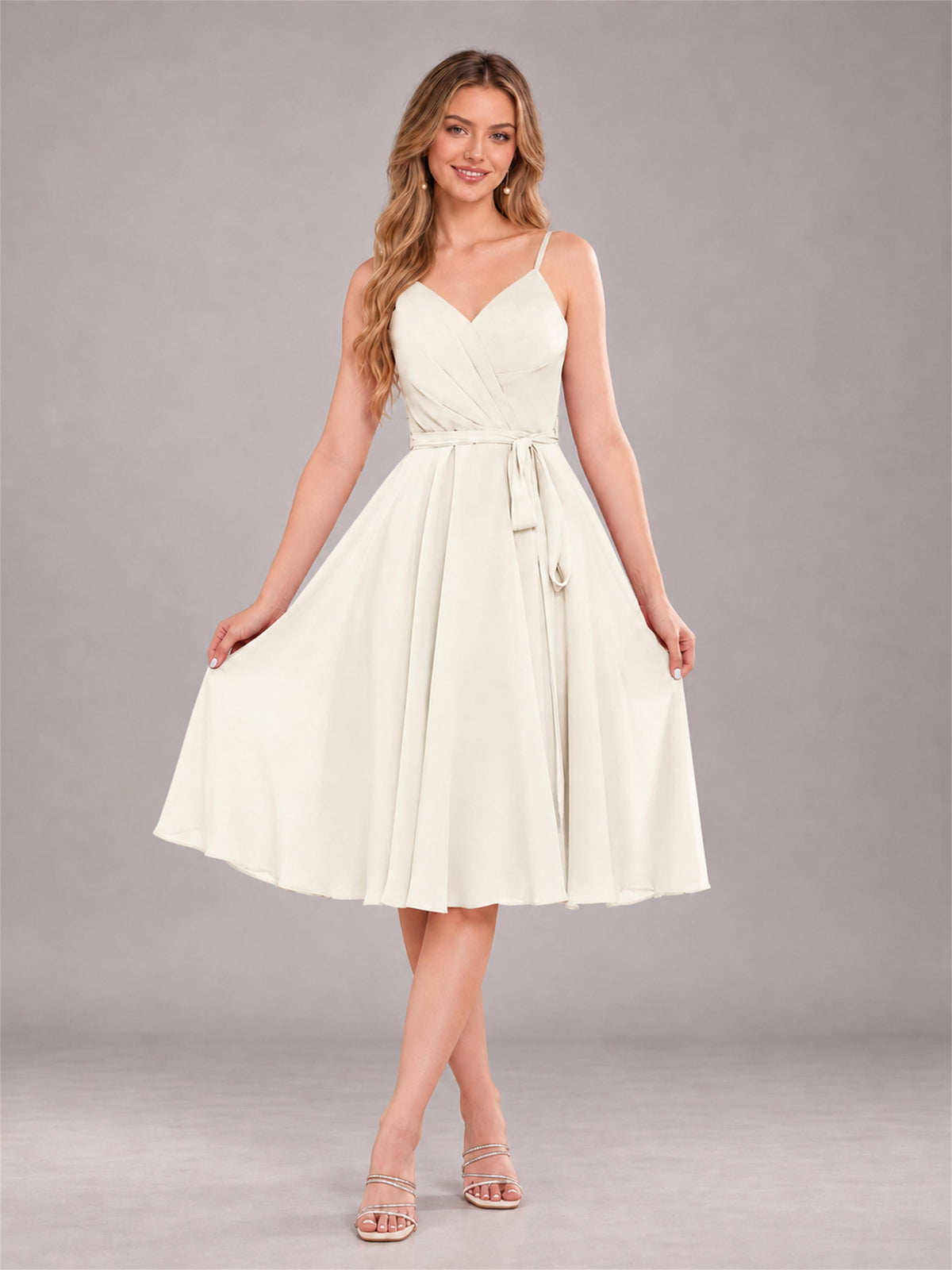 Ivory Simple Spaghetti Straps Knee Length Chiffon Short Bridesmaid Dress