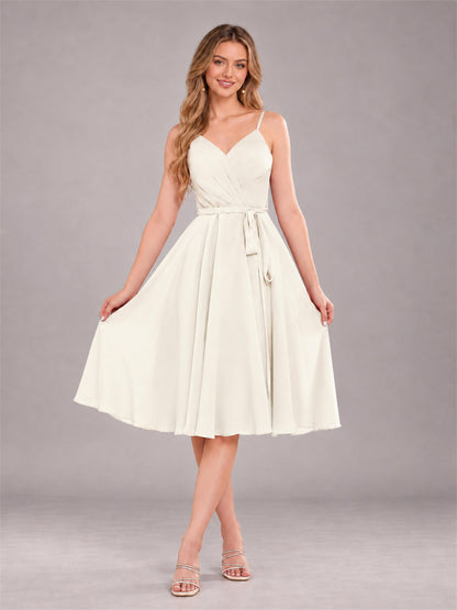 Ivory Simple Spaghetti Straps Knee Length Chiffon Short Bridesmaid Dress