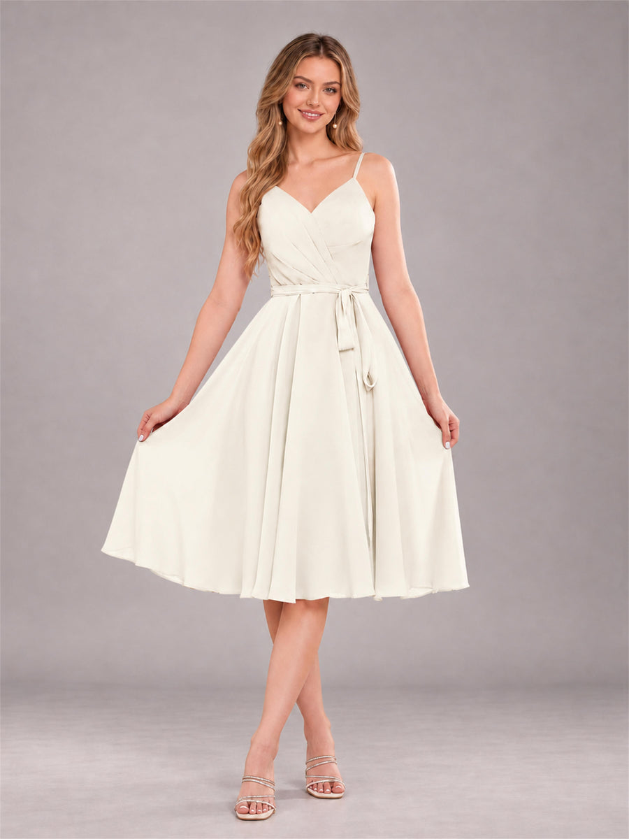 Ivory Simple Spaghetti Straps Knee Length Chiffon Short Bridesmaid Dress