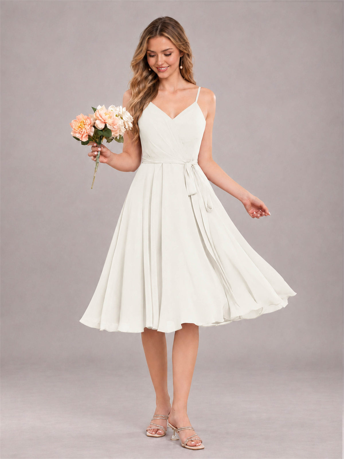 Ivory Simple Spaghetti Straps Knee Length Chiffon Short Bridesmaid Dress