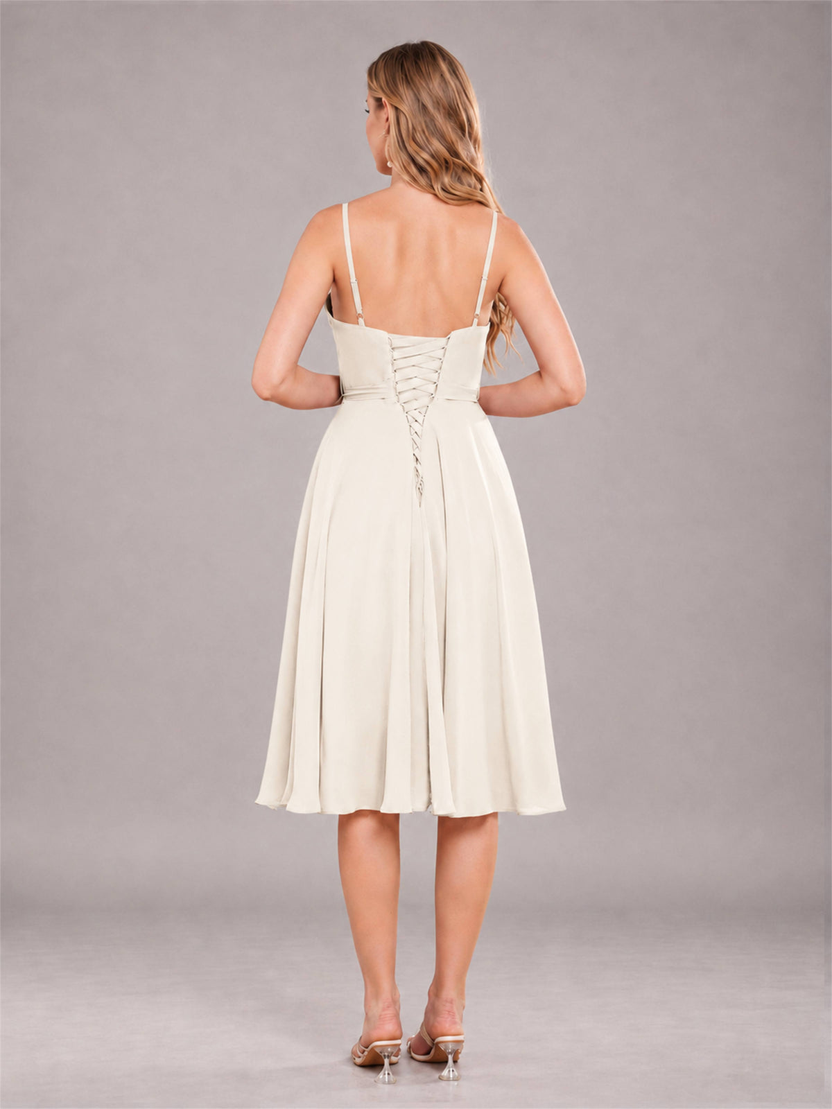 Ivory Simple Spaghetti Straps Knee Length Chiffon Short Bridesmaid Dress