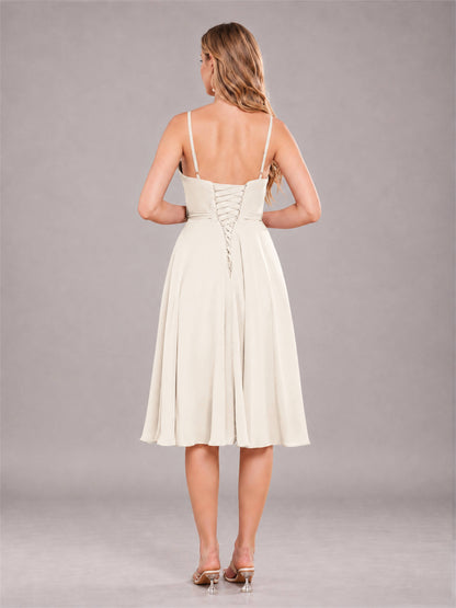 Ivory Simple Spaghetti Straps Knee Length Chiffon Short Bridesmaid Dress