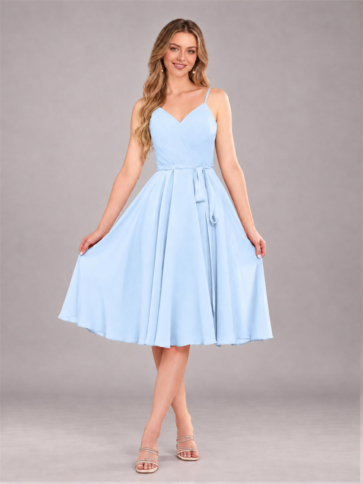 Light Blue Simple Spaghetti Straps Knee Length Chiffon Short Bridesmaid Dress