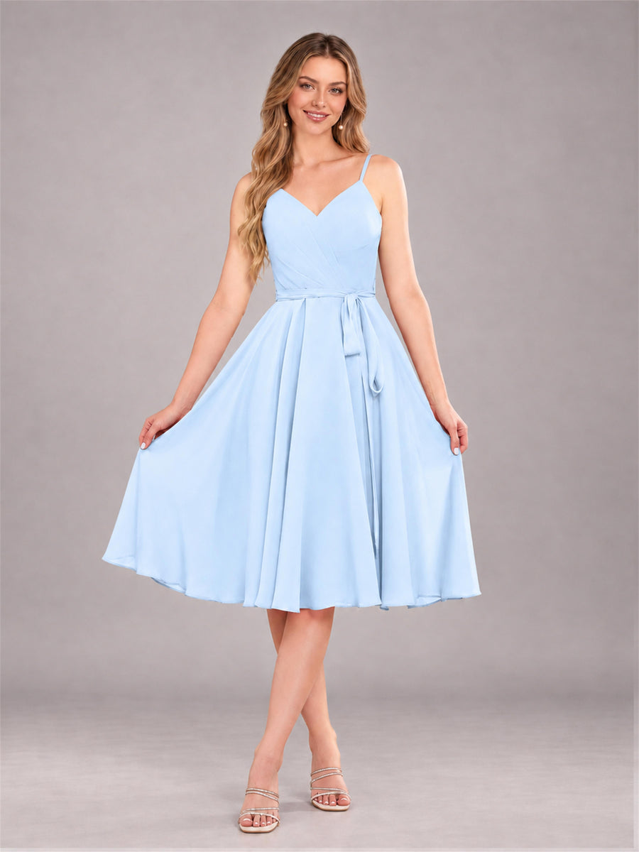 Light Blue Simple Spaghetti Straps Knee Length Chiffon Short Bridesmaid Dress