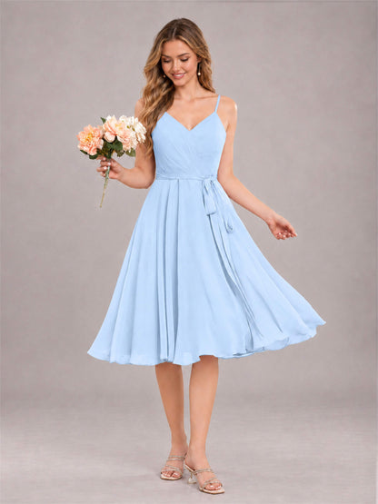 Light Blue Simple Spaghetti Straps Knee Length Chiffon Short Bridesmaid Dress