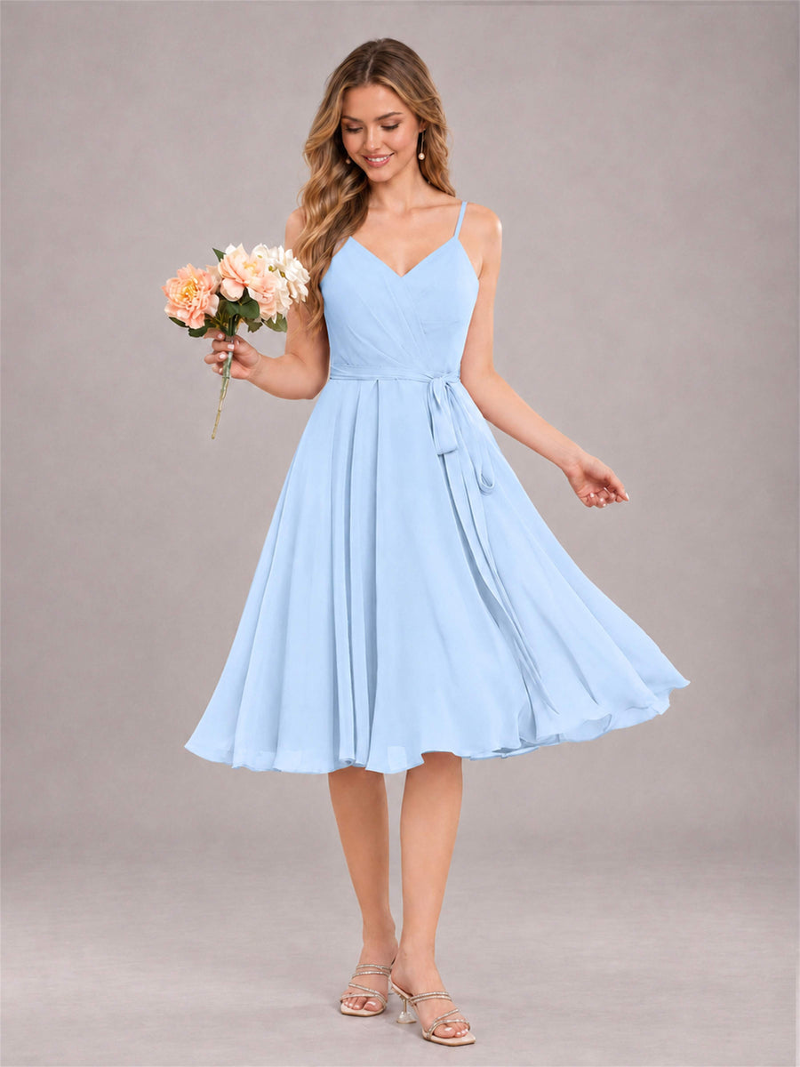 Light Blue Simple Spaghetti Straps Knee Length Chiffon Short Bridesmaid Dress