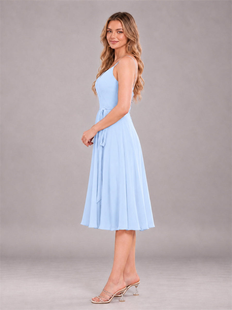 Light Blue Simple Spaghetti Straps Knee Length Chiffon Short Bridesmaid Dress