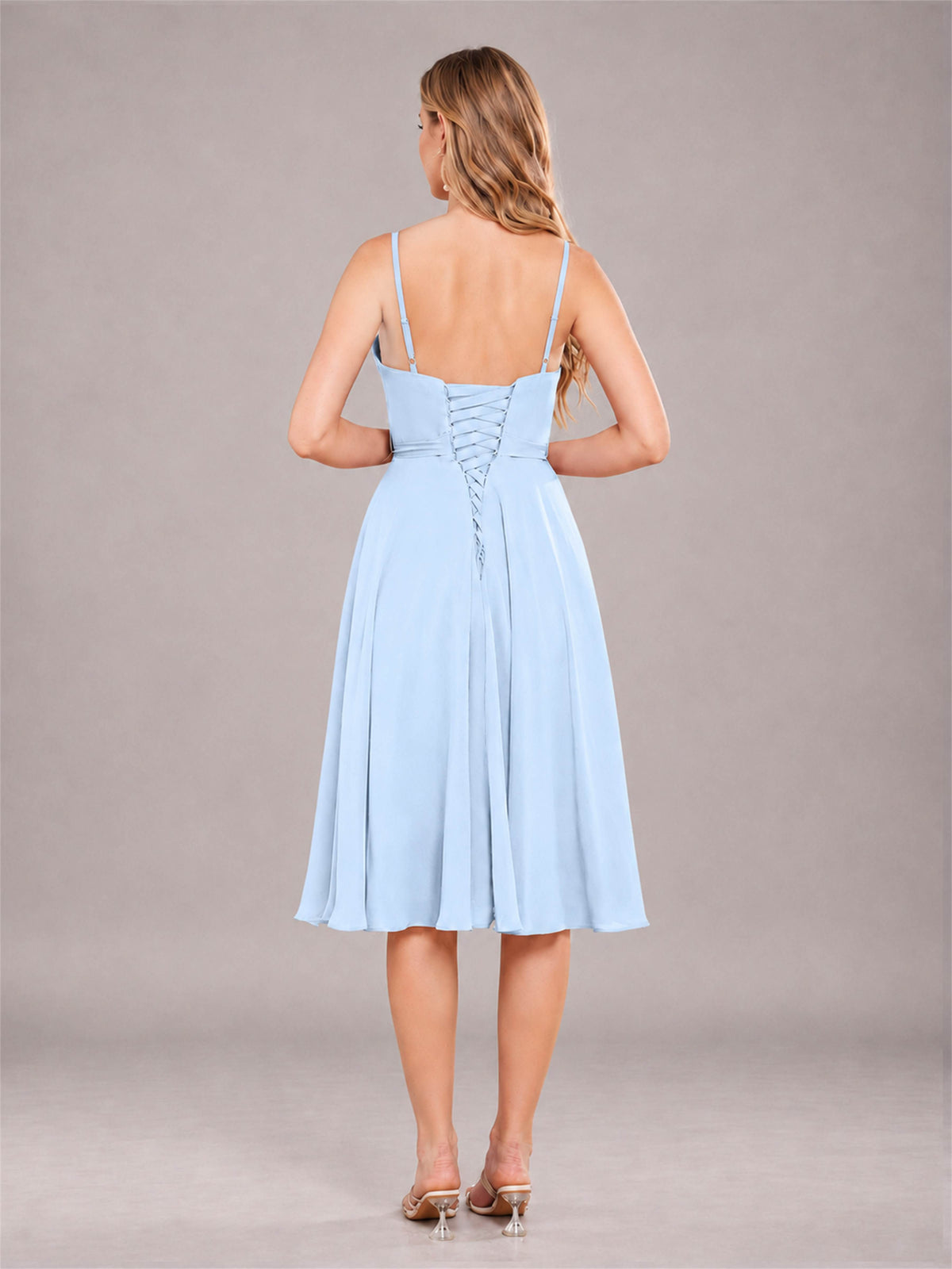 Light Blue Simple Spaghetti Straps Knee Length Chiffon Short Bridesmaid Dress