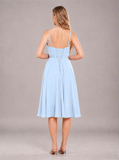 Light Blue Simple Spaghetti Straps Knee Length Chiffon Short Bridesmaid Dress