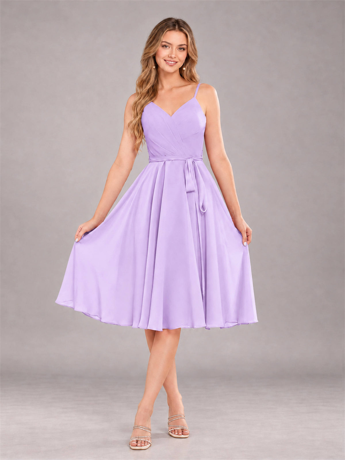 Lilac Simple Spaghetti Straps Knee Length Chiffon Short Bridesmaid Dress