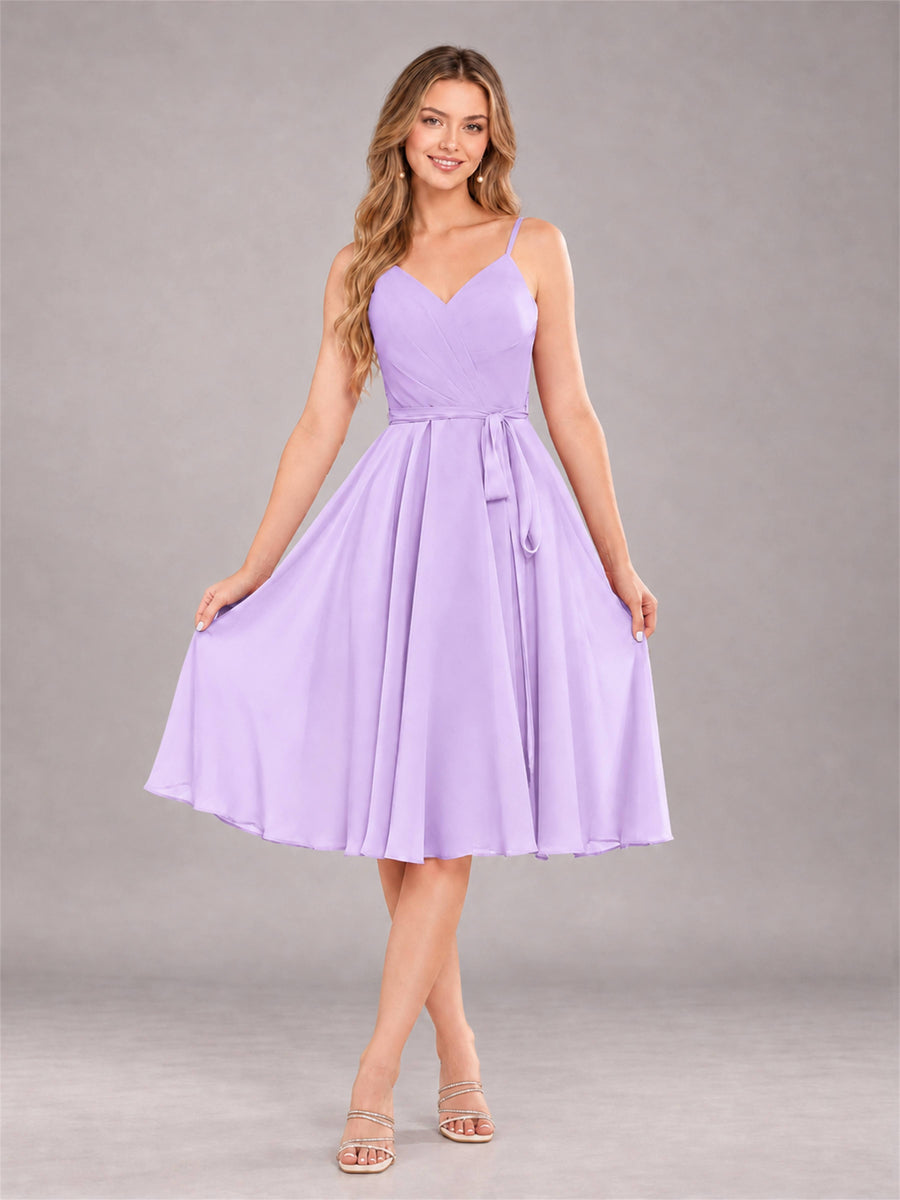 Lilac Simple Spaghetti Straps Knee Length Chiffon Short Bridesmaid Dress