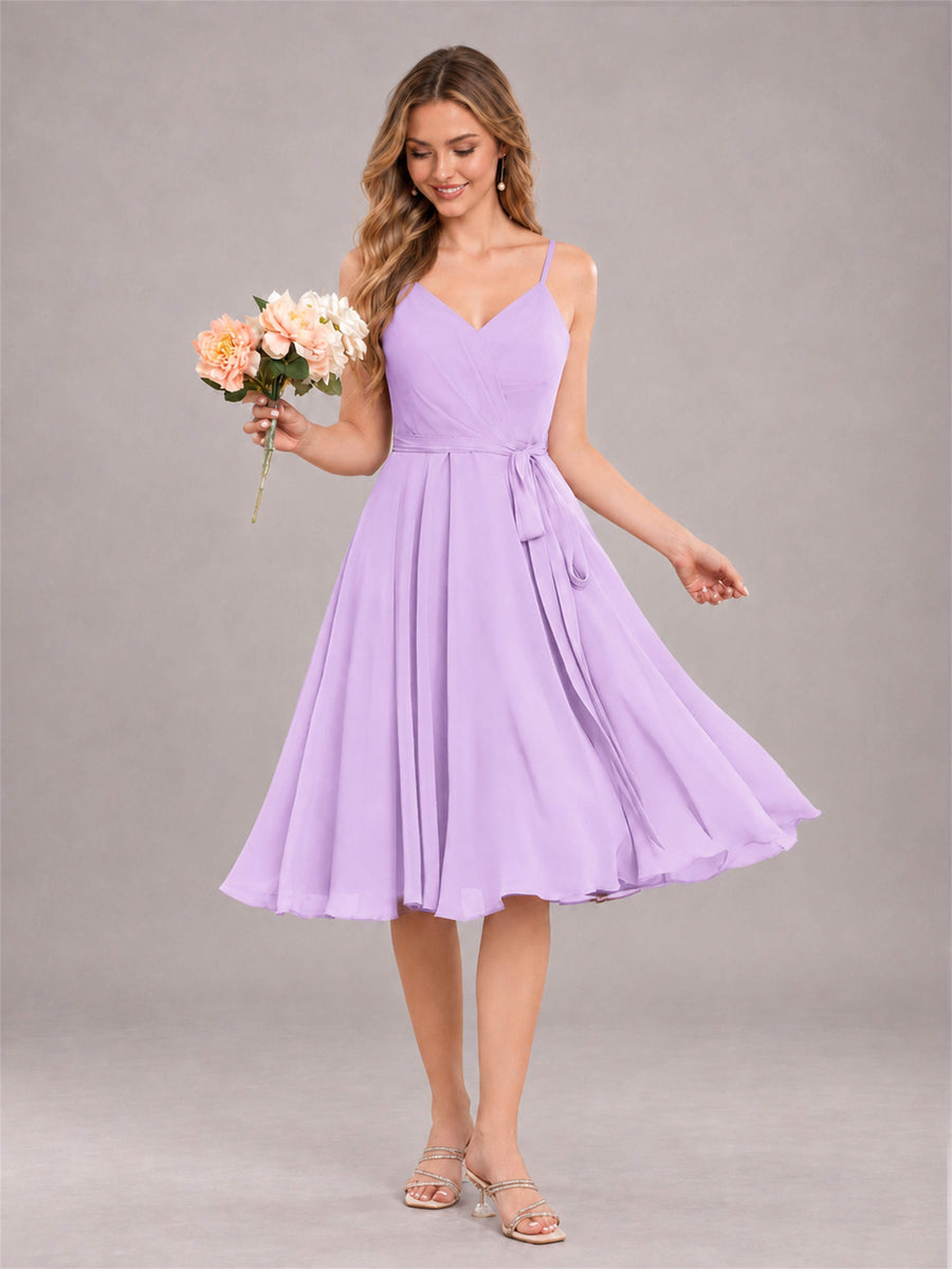 Lilac Simple Spaghetti Straps Knee Length Chiffon Short Bridesmaid Dress