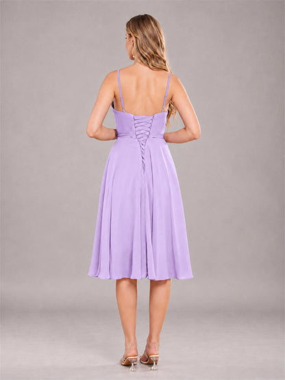 Lilac Simple Spaghetti Straps Knee Length Chiffon Short Bridesmaid Dress