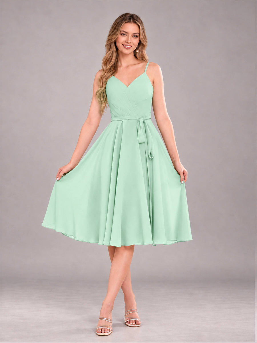 Mint Green Simple Spaghetti Straps Knee Length Chiffon Short Bridesmaid Dress