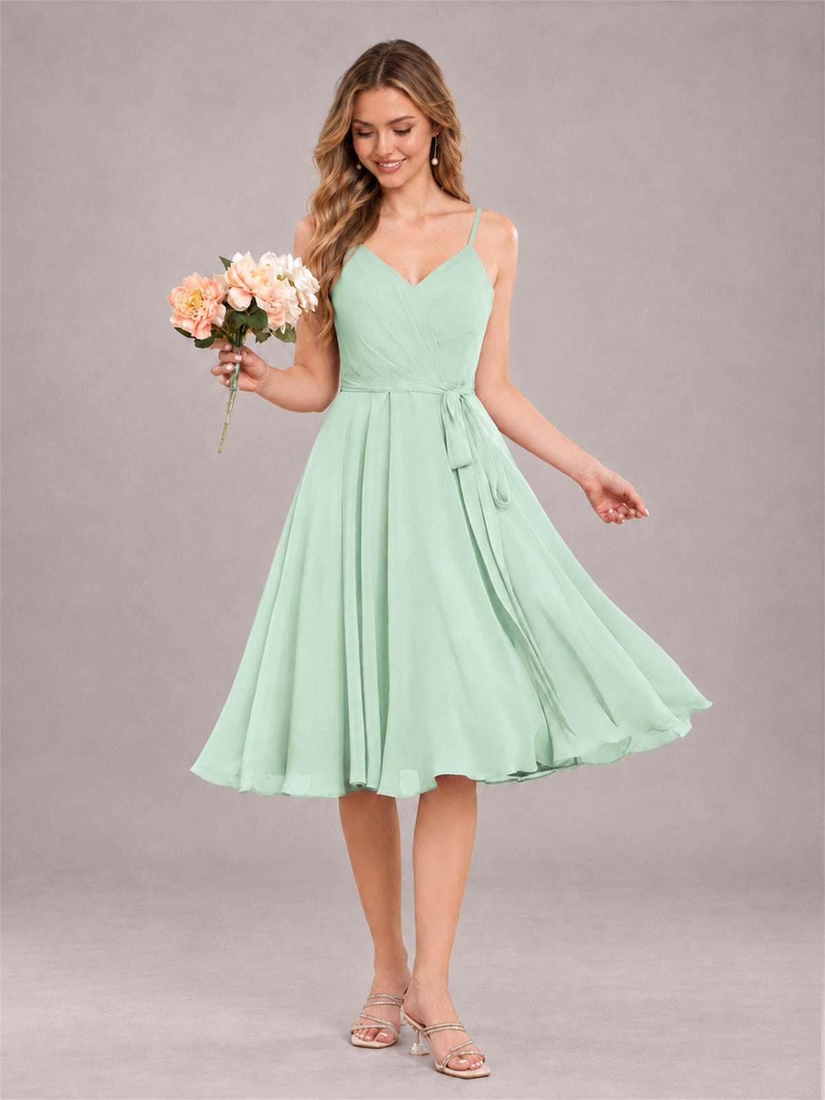 Mint Green Simple Spaghetti Straps Knee Length Chiffon Short Bridesmaid Dress