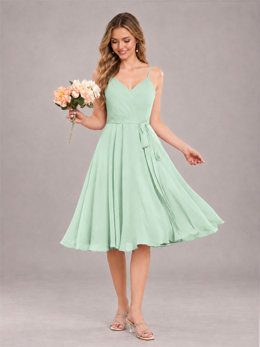 Mint Green Simple Spaghetti Straps Knee Length Chiffon Short Bridesmaid Dress