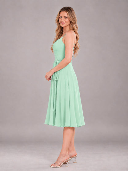 Mint Green Simple Spaghetti Straps Knee Length Chiffon Short Bridesmaid Dress