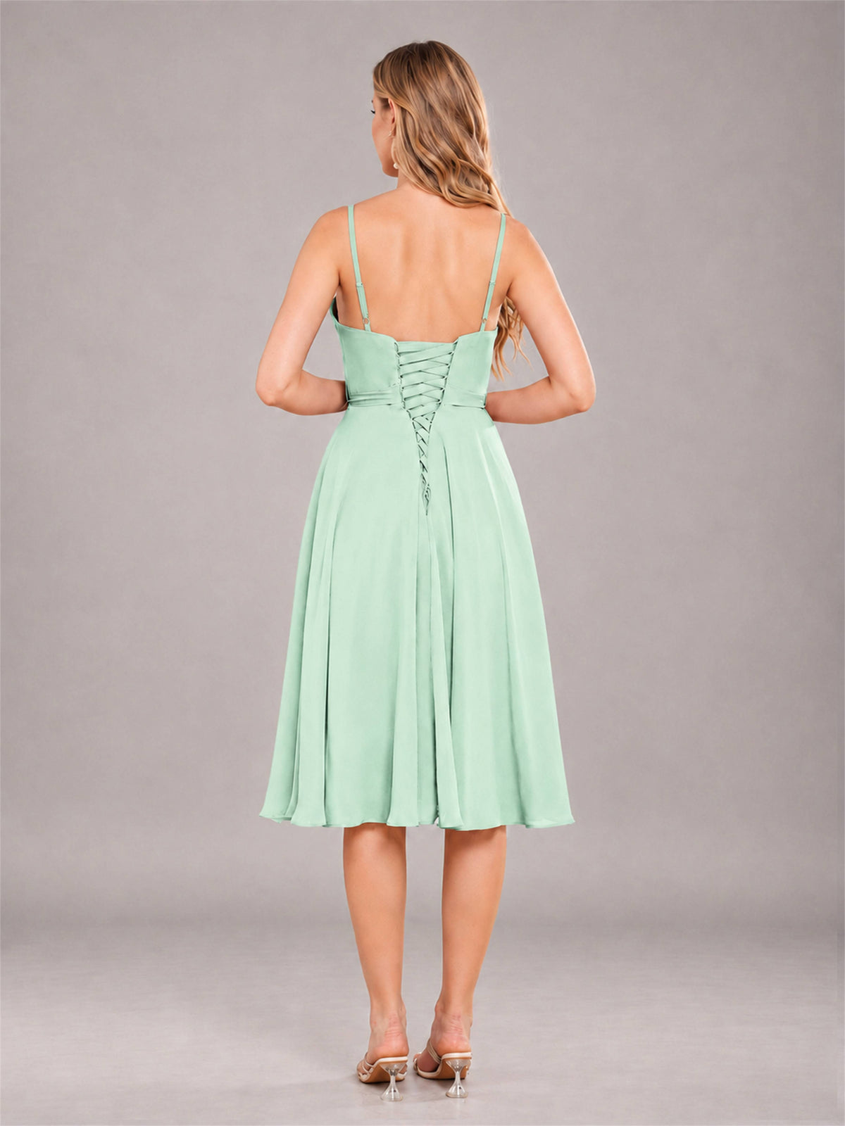 Mint Green Simple Spaghetti Straps Knee Length Chiffon Short Bridesmaid Dress