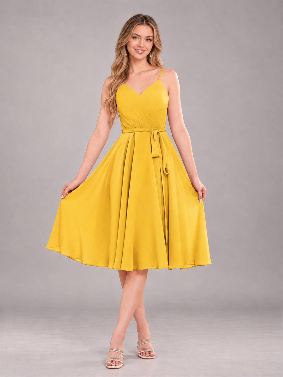Mustard Yellow Simple Spaghetti Straps Knee Length Chiffon Short Bridesmaid Dress