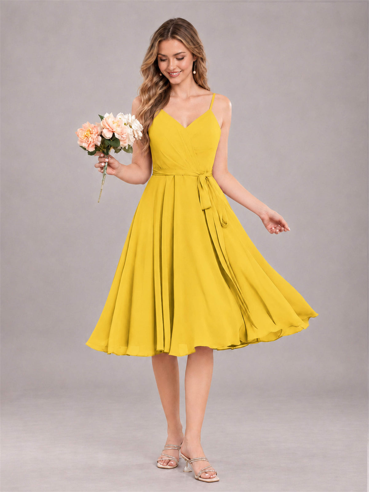 Mustard Yellow Simple Spaghetti Straps Knee Length Chiffon Short Bridesmaid Dress