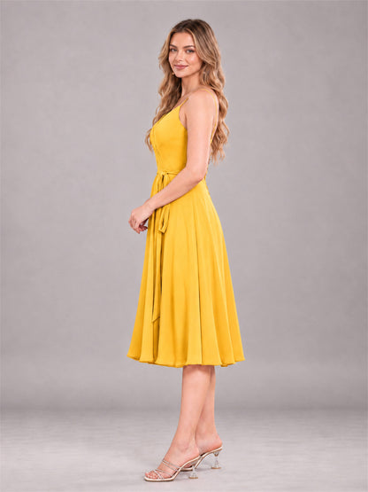 Mustard Yellow Simple Spaghetti Straps Knee Length Chiffon Short Bridesmaid Dress