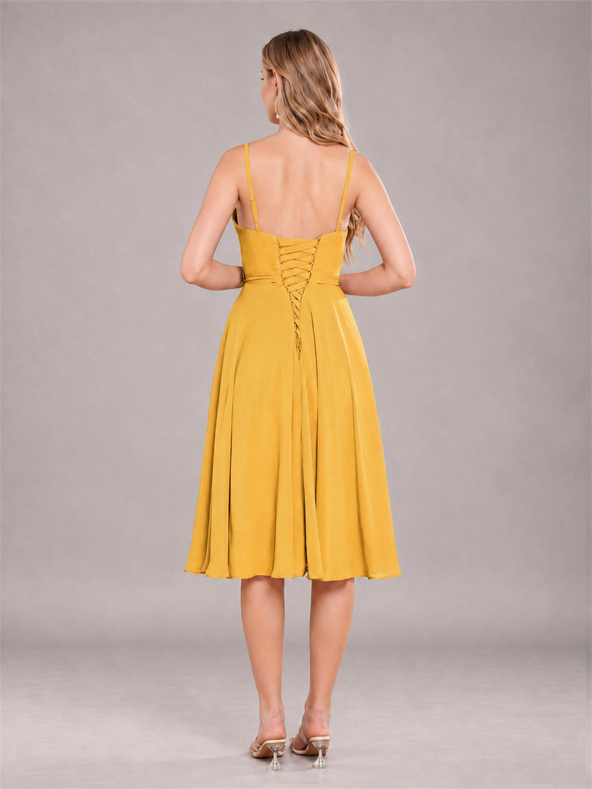 Mustard Yellow Simple Spaghetti Straps Knee Length Chiffon Short Bridesmaid Dress