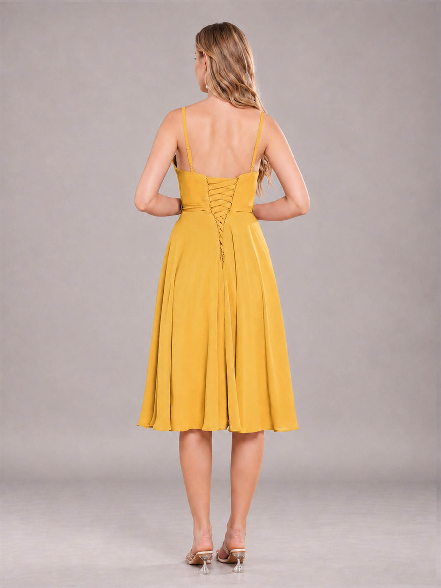 Mustard Yellow Simple Spaghetti Straps Knee Length Chiffon Short Bridesmaid Dress