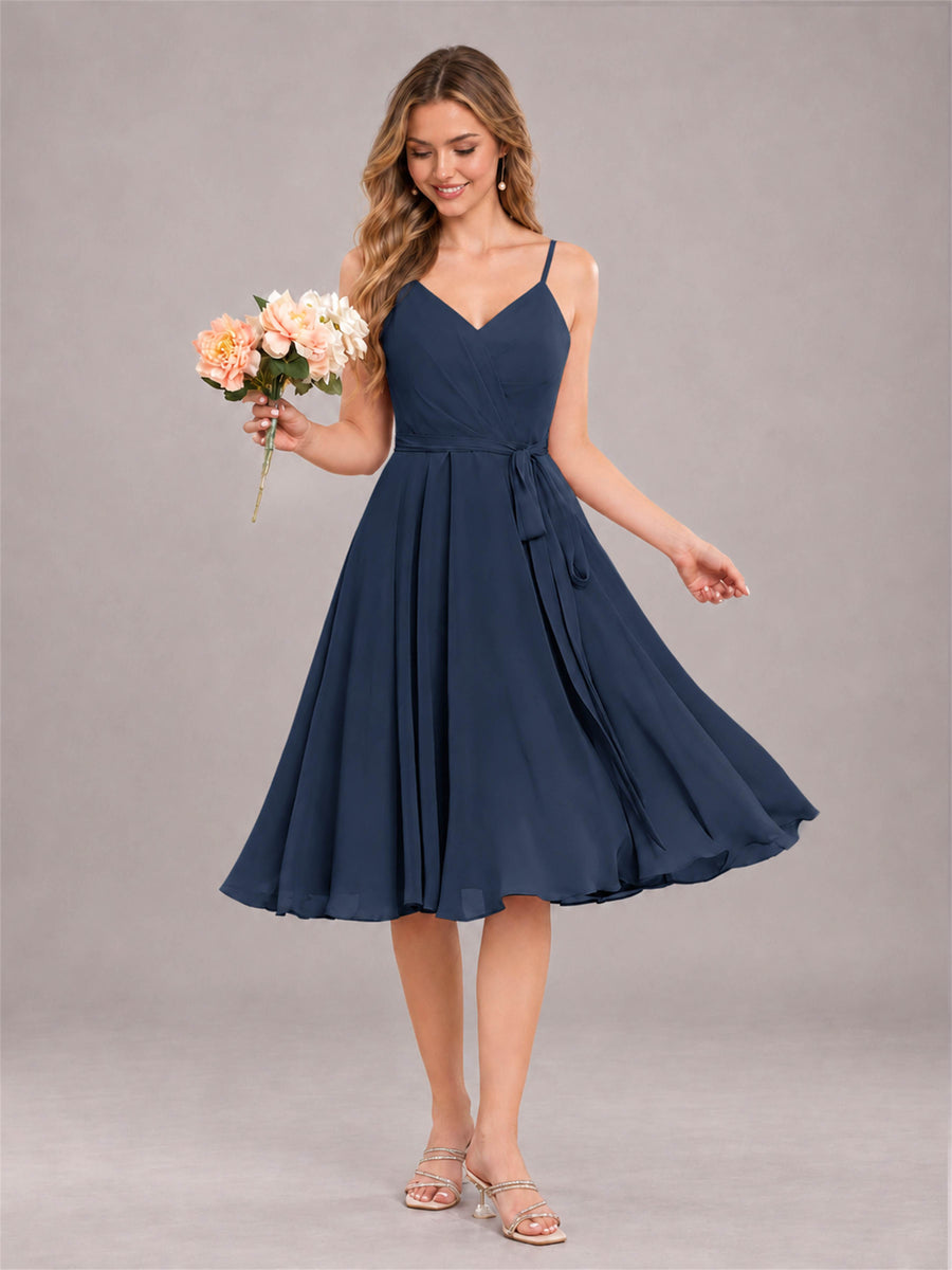 Navy Blue Simple Spaghetti Straps Knee Length Chiffon Short Bridesmaid Dress
