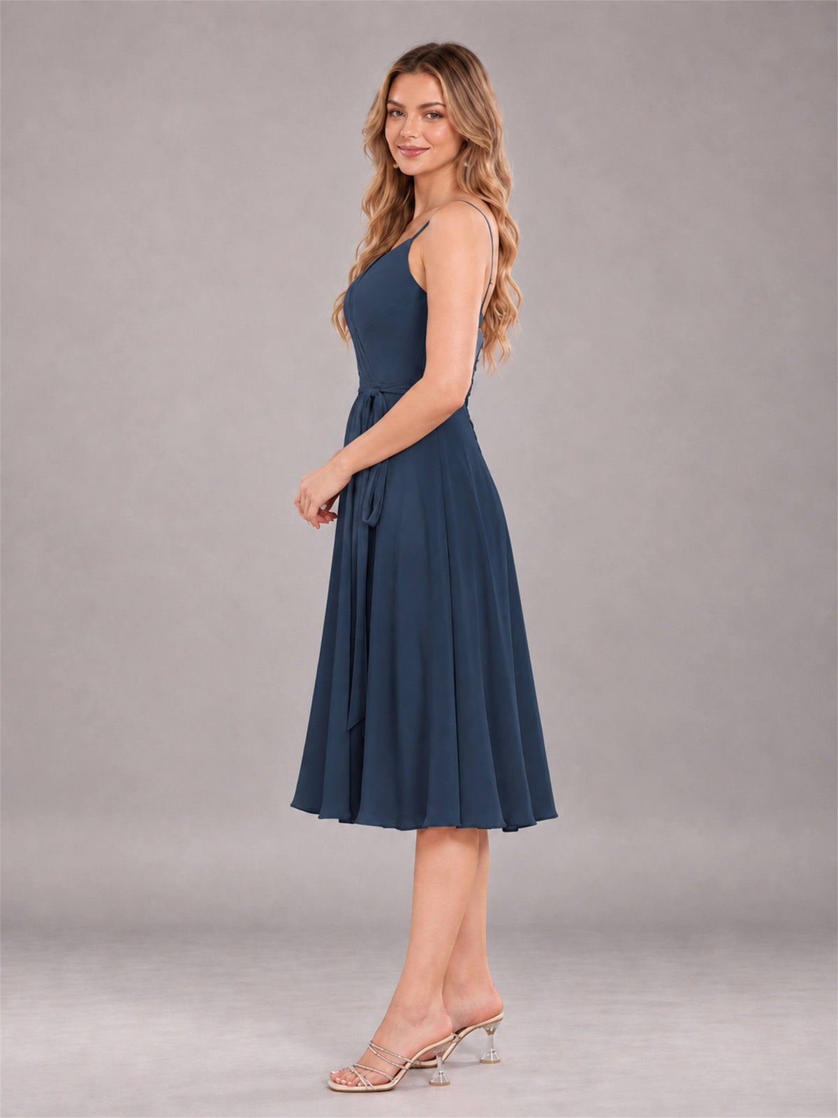 Navy Blue Simple Spaghetti Straps Knee Length Chiffon Short Bridesmaid Dress