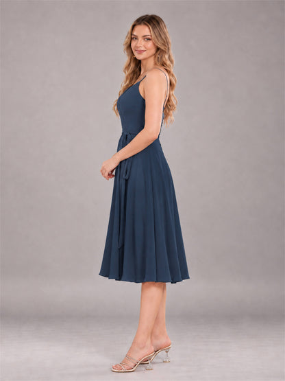 Navy Blue Simple Spaghetti Straps Knee Length Chiffon Short Bridesmaid Dress