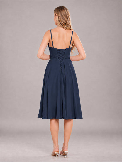 Navy Blue Simple Spaghetti Straps Knee Length Chiffon Short Bridesmaid Dress