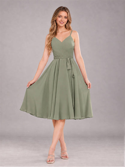 Olive Green Simple Spaghetti Straps Knee Length Chiffon Short Bridesmaid Dress