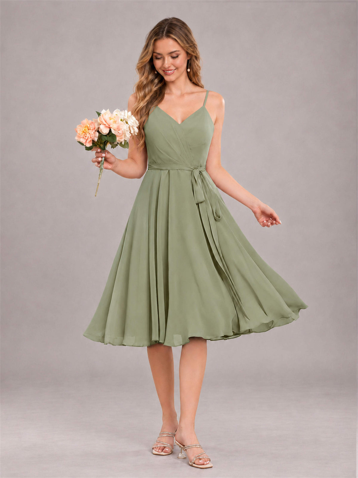 Olive Green Simple Spaghetti Straps Knee Length Chiffon Short Bridesmaid Dress
