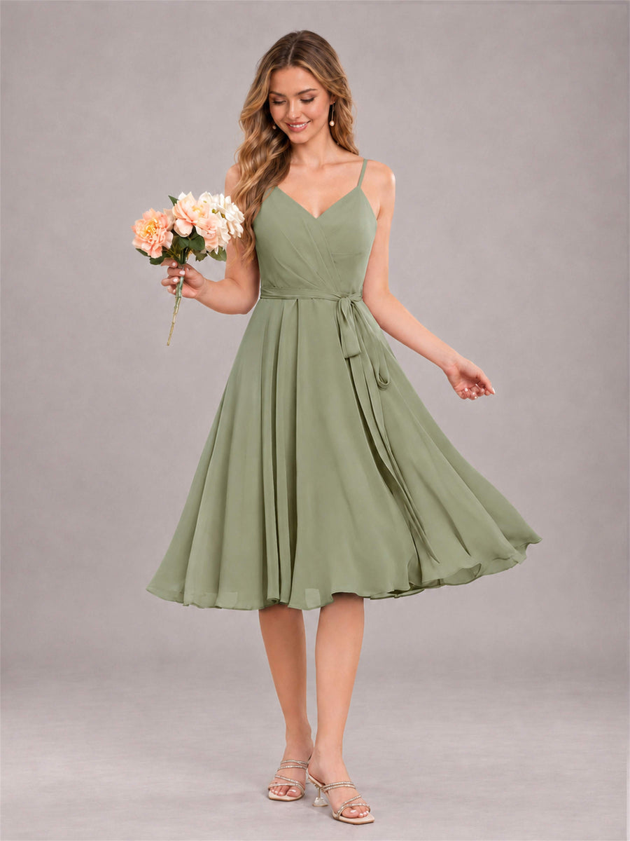 Olive Green Simple Spaghetti Straps Knee Length Chiffon Short Bridesmaid Dress