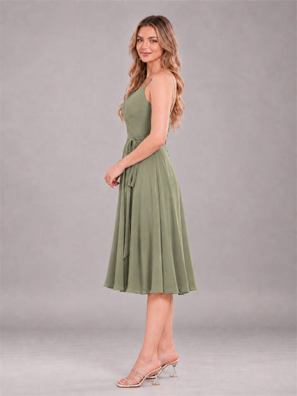 Olive Green Simple Spaghetti Straps Knee Length Chiffon Short Bridesmaid Dress