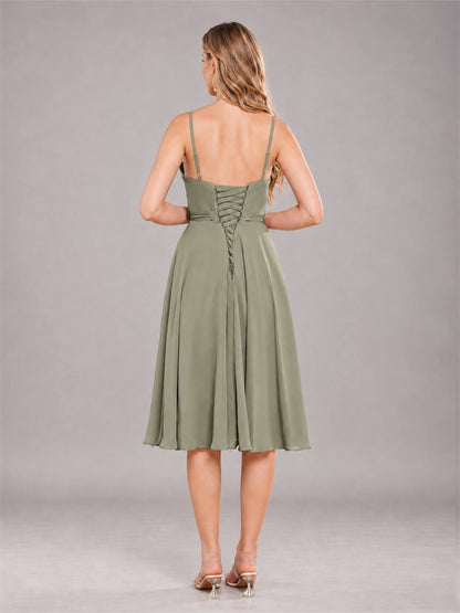Olive Green Simple Spaghetti Straps Knee Length Chiffon Short Bridesmaid Dress