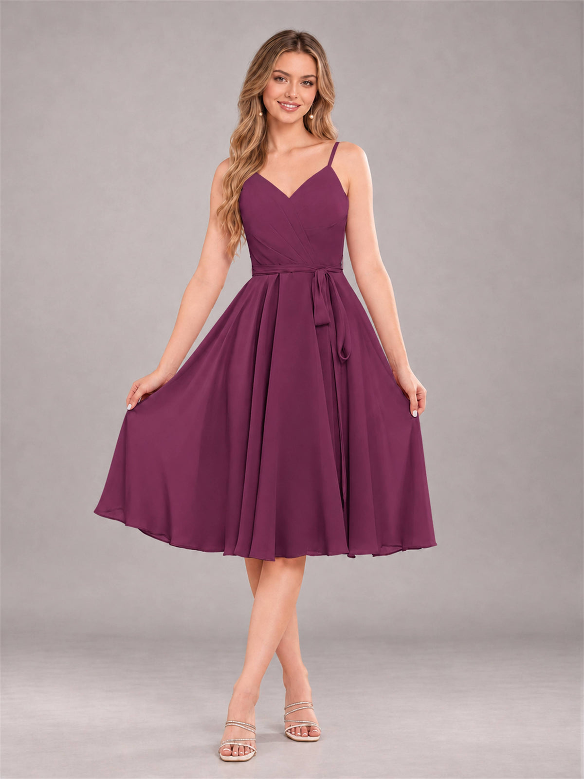 Plum Simple Spaghetti Straps Knee Length Chiffon Short Bridesmaid Dress