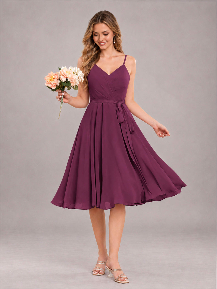 Plum Simple Spaghetti Straps Knee Length Chiffon Short Bridesmaid Dress